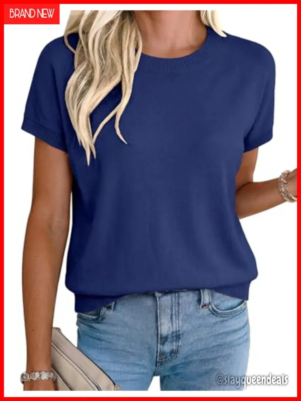 Women's Short Sleeve Crew Neck Knit Sweater Top in Viscose Blend